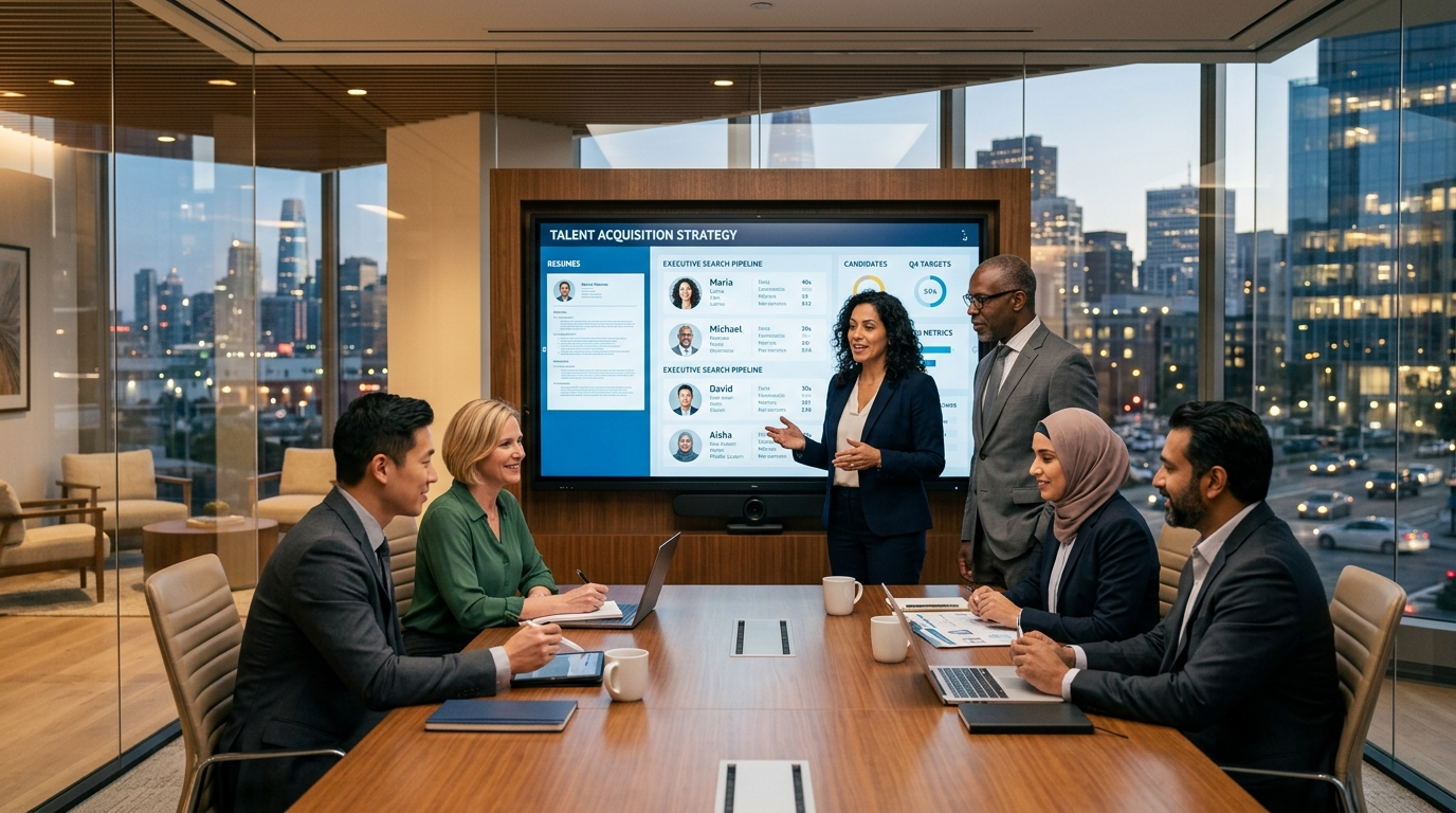 Enterprise recruitment leadership team collaborating on candidates