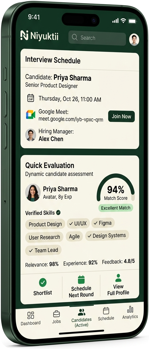 Niyuktii ATS mobile candidate evaluation preview